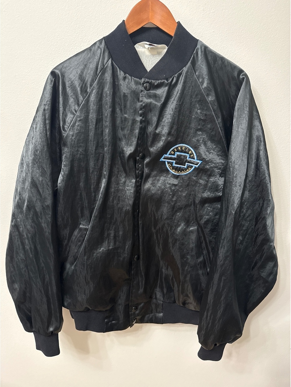 Vintage Genuine Chevrolet Bomber Jacket USA Black Embroidered Bowtie Logo L